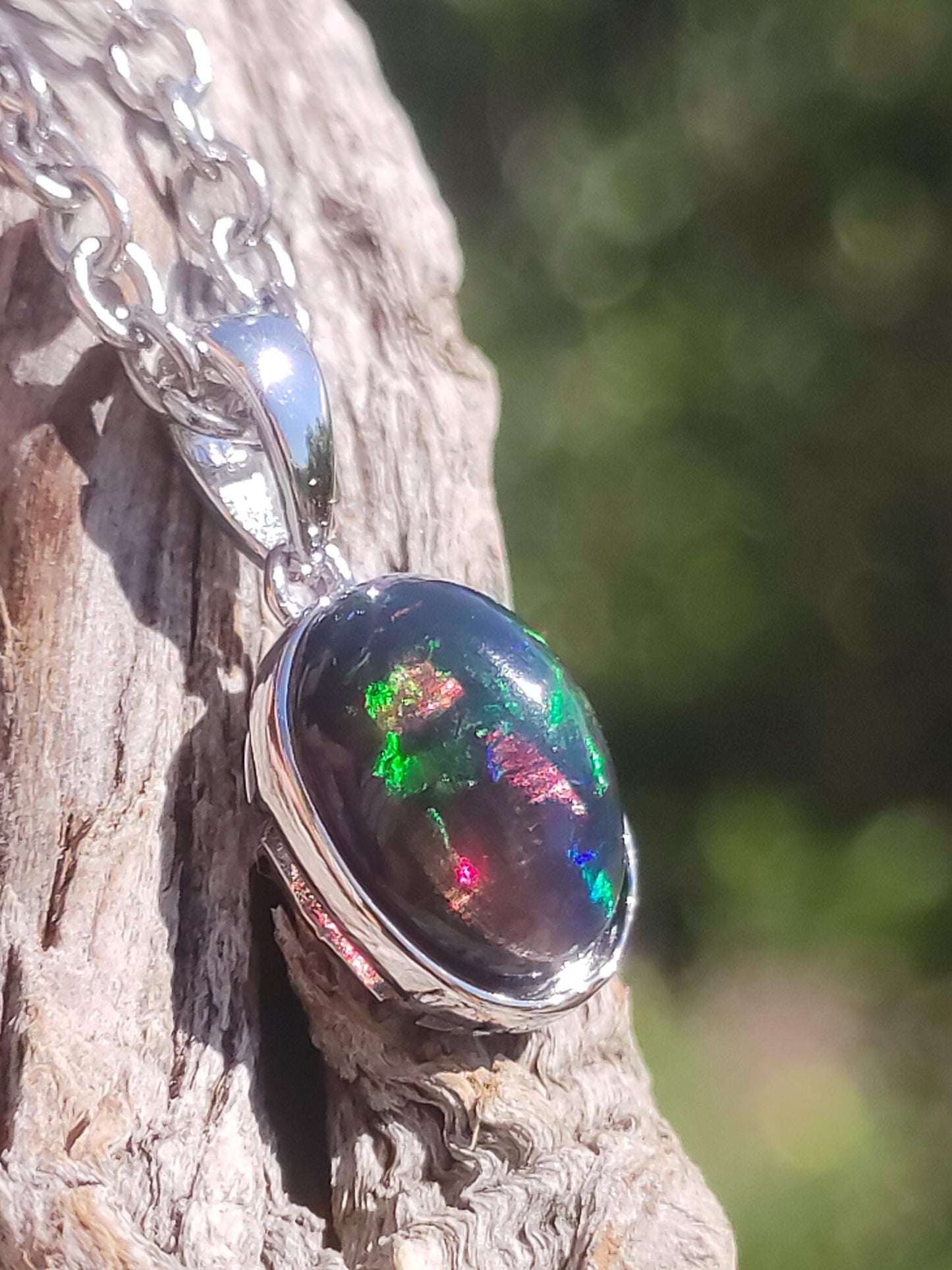 AAA Opale noir éthiopien argent 925 - Collier pierre précieuse coloré rareté pierre naturelle de soin cristaux pendentif homme femme cadeau elle lui pierre précieuse