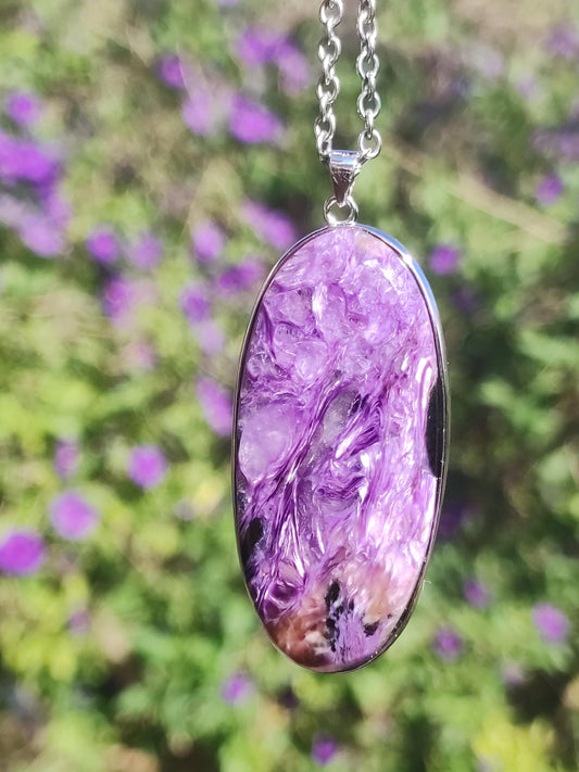 Charoite - 925 silver setting gemstone necklace purple violet natural healing stone energy rarity man woman him her gift noble quality high quality
