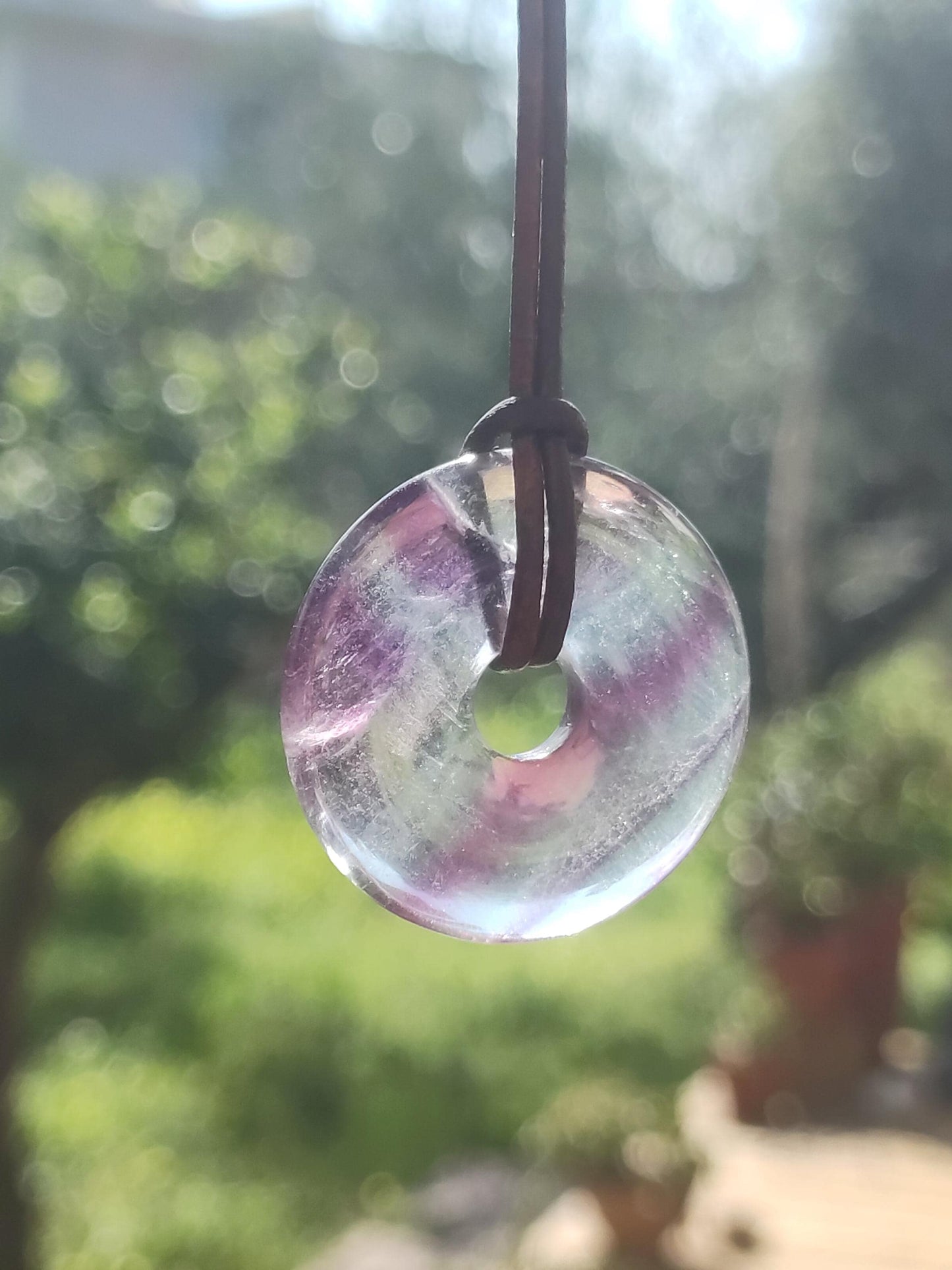 Rainbow Fluorite 30mm Donut - Gemstone Necklace for Women, Men, and Children - Hippie, Goa, Boho, Ethnic, Nature, Protection Symbol Pendant, Healing Stone, Energy Gift