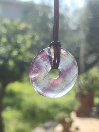 Rainbow Fluorite 30mm Donut - Gemstone Necklace for Women, Men, and Children - Hippie, Goa, Boho, Ethnic, Nature, Protection Symbol Pendant, Healing Stone, Energy Gift