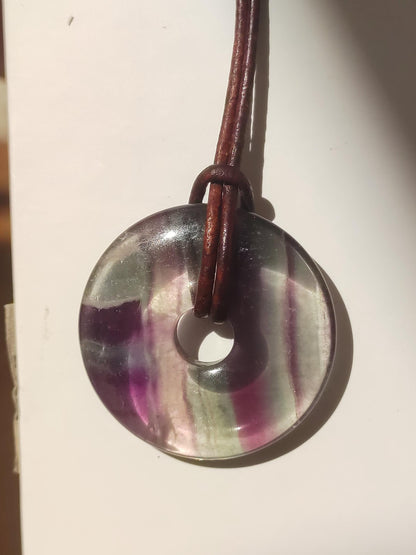 Rainbow Fluorite 30mm Donut - Gemstone Necklace for Women, Men, and Children - Hippie, Goa, Boho, Ethnic, Nature, Protection Symbol Pendant, Healing Stone, Energy Gift