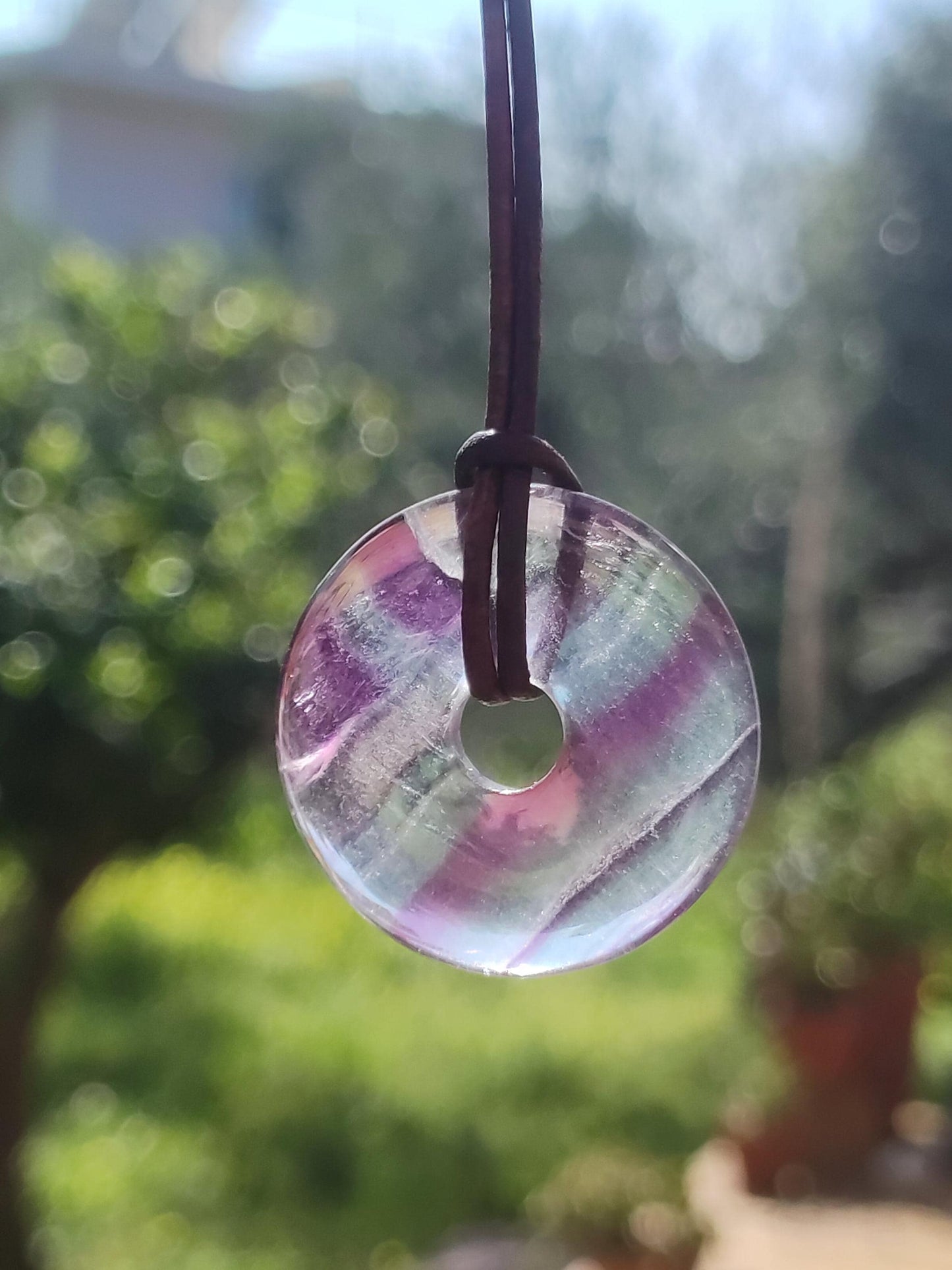 Rainbow Fluorite 30mm Donut - Gemstone Necklace for Women, Men, and Children - Hippie, Goa, Boho, Ethnic, Nature, Protection Symbol Pendant, Healing Stone, Energy Gift