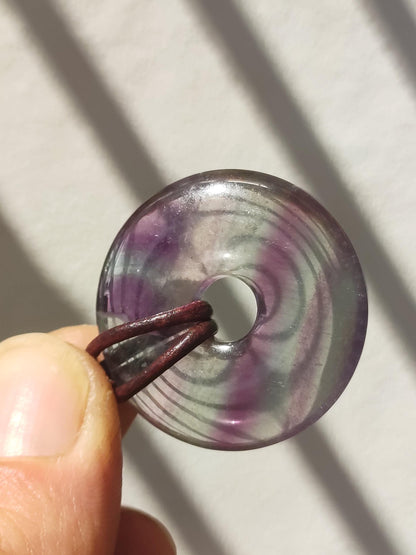 Rainbow Fluorite 30mm Donut - Gemstone Necklace for Women, Men, and Children - Hippie, Goa, Boho, Ethnic, Nature, Protection Symbol Pendant, Healing Stone, Energy Gift