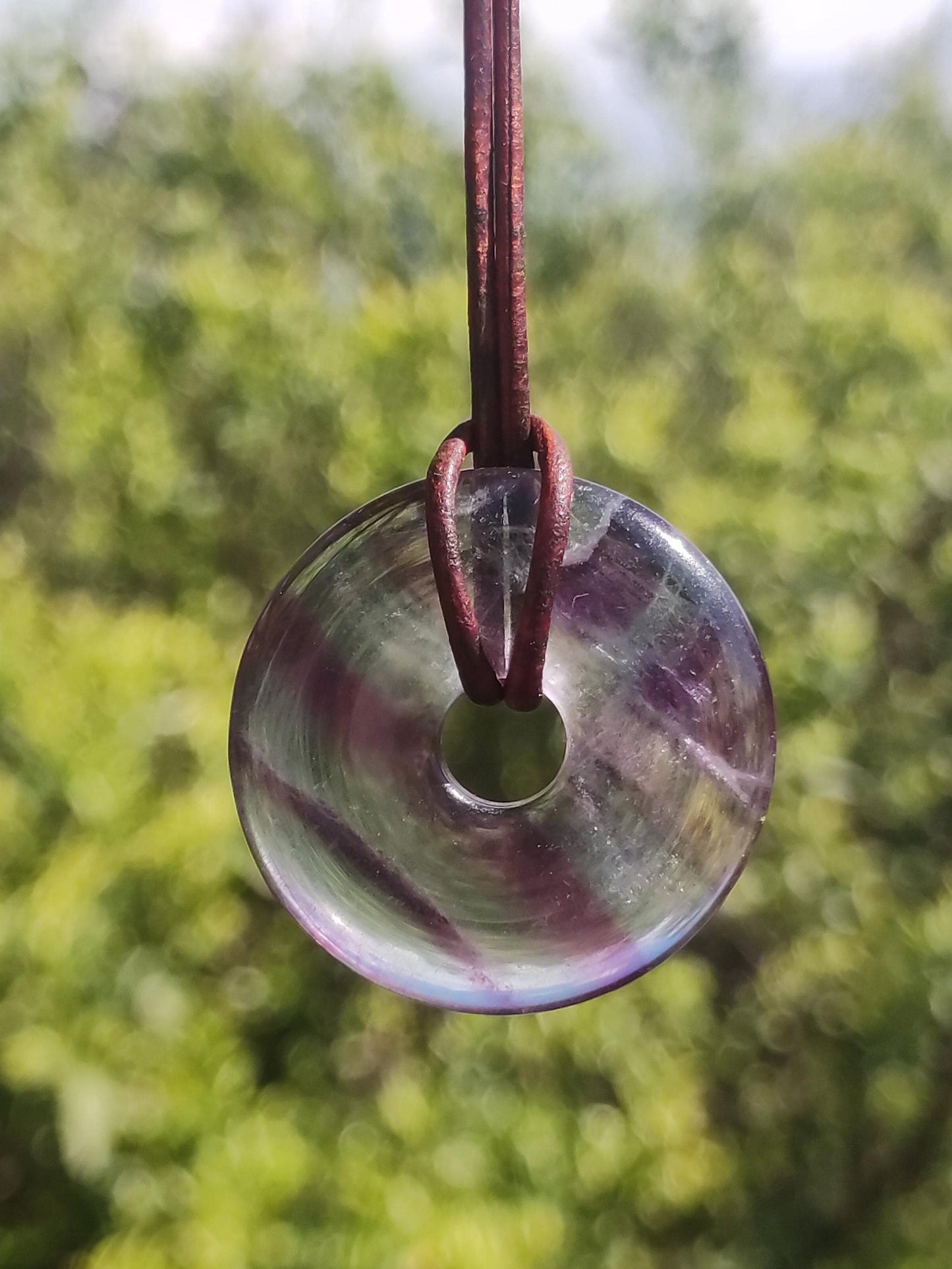 Rainbow Fluorite 30mm Donut - Gemstone Necklace for Women, Men, and Children - Hippie, Goa, Boho, Ethnic, Nature, Protection Symbol Pendant, Healing Stone, Energy Gift