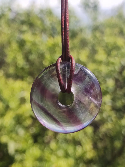 Rainbow Fluorite 30mm Donut - Gemstone Necklace for Women, Men, and Children - Hippie, Goa, Boho, Ethnic, Nature, Protection Symbol Pendant, Healing Stone, Energy Gift