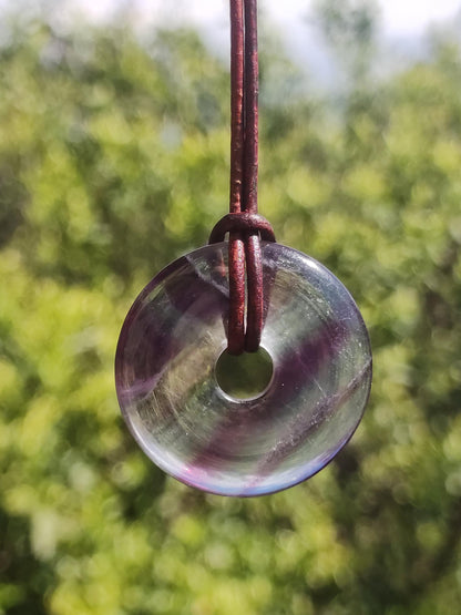 Rainbow Fluorite 30mm Donut - Gemstone Necklace for Women, Men, and Children - Hippie, Goa, Boho, Ethnic, Nature, Protection Symbol Pendant, Healing Stone, Energy Gift