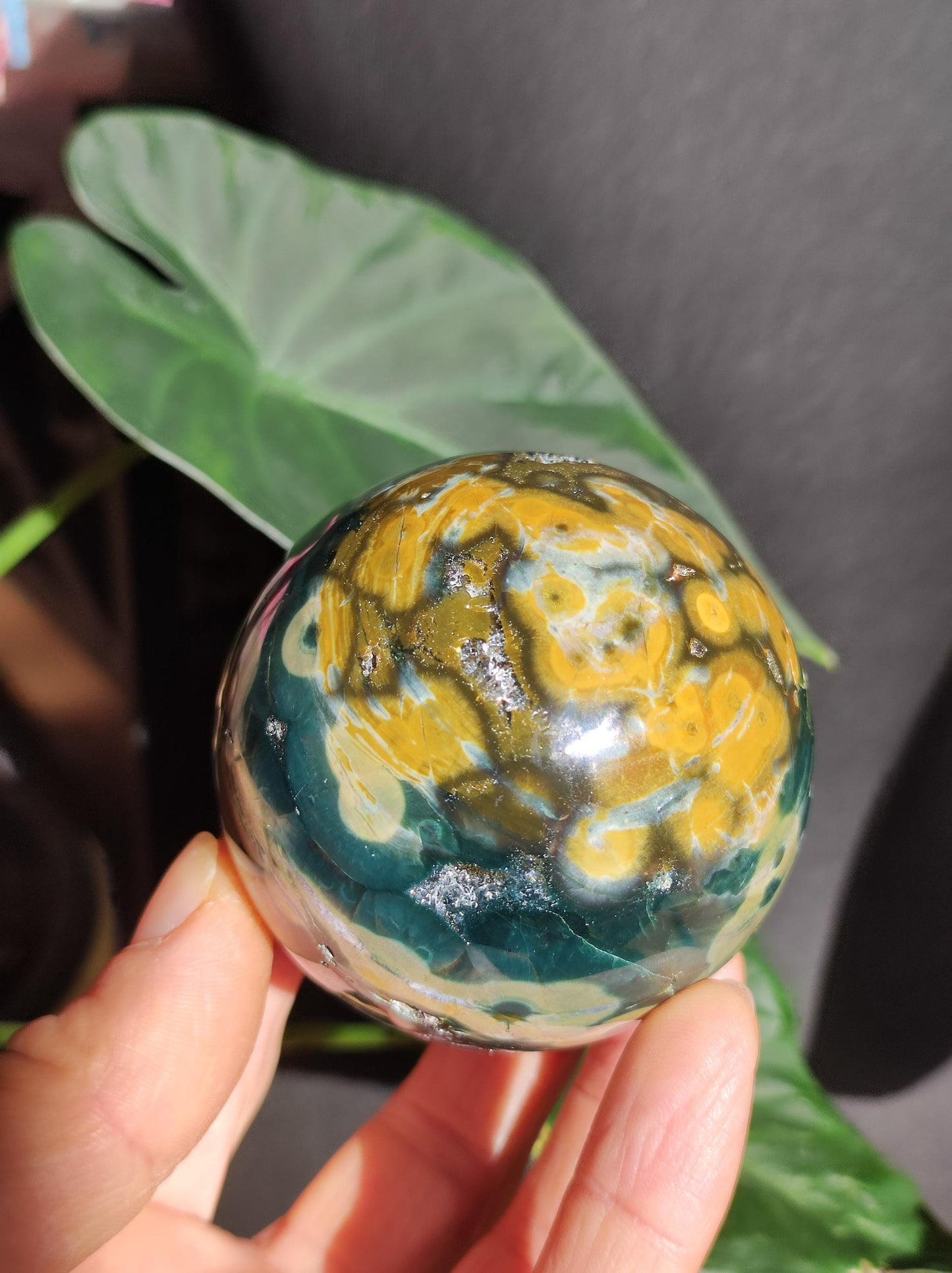 Jaspe océanique vert orbiculaire à 8 veines - Sphère de pierre précieuse rare, pierre de guérison naturelle, cristal décoratif, cadeau pour lui, elle, homme, femme, maison, énergie, rare