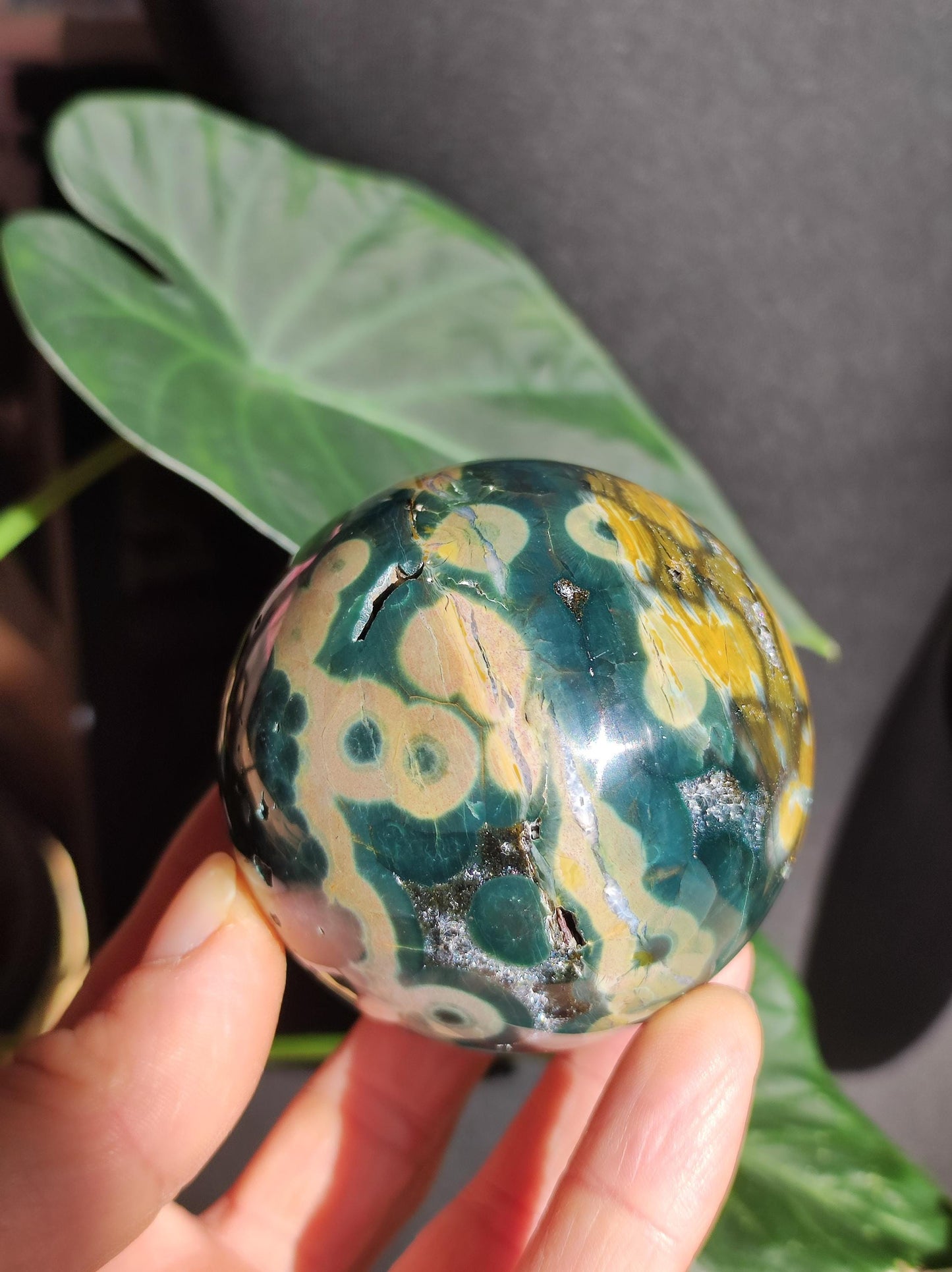 Jaspe océanique vert orbiculaire à 8 veines - Sphère de pierre précieuse rare, pierre de guérison naturelle, cristal décoratif, cadeau pour lui, elle, homme, femme, maison, énergie, rare