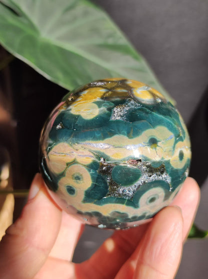 Jaspe océanique vert orbiculaire à 8 veines - Sphère de pierre précieuse rare, pierre de guérison naturelle, cristal décoratif, cadeau pour lui, elle, homme, femme, maison, énergie, rare