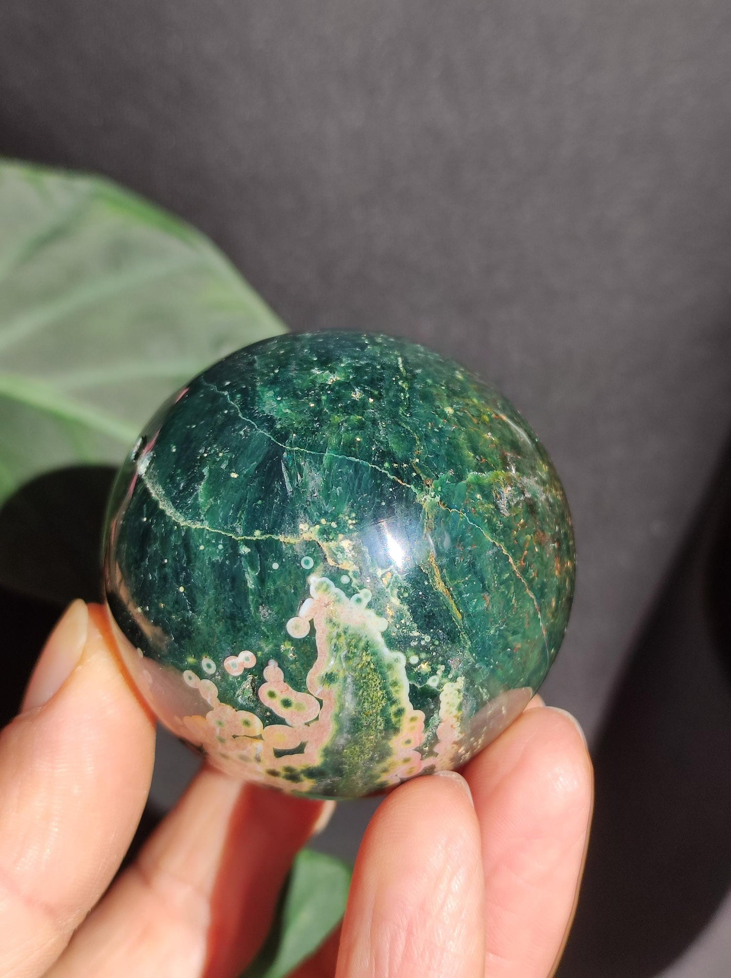 Jaspe océanique vert orbiculaire à 8 veines - Sphère de pierre précieuse rare, pierre de guérison naturelle, cristal décoratif, cadeau pour lui, elle, homme, femme, maison, énergie, rare