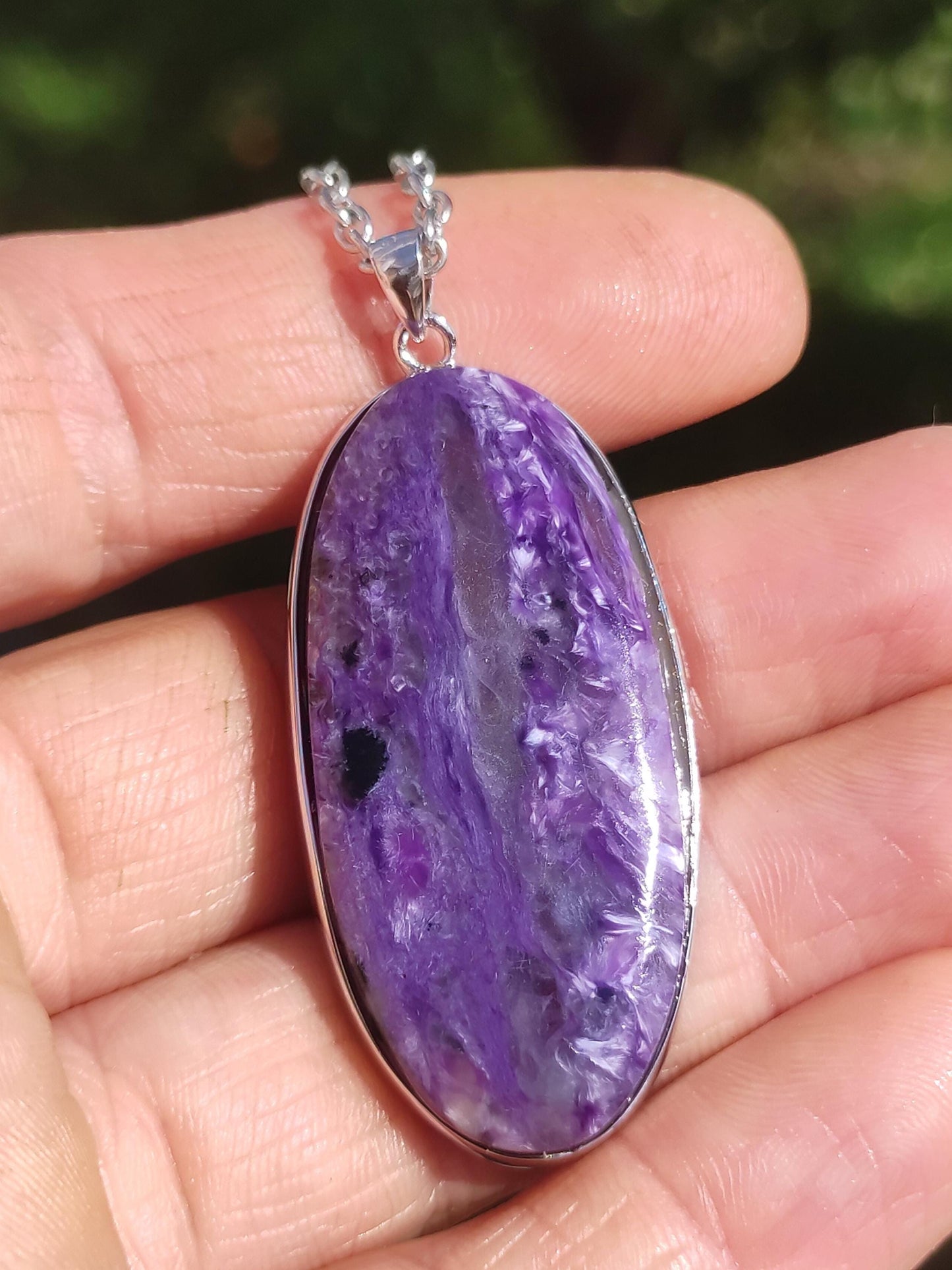 Charoïte AAA - Monture en argent 925 Chaîne pierre précieuse violet lilas Nature Pierre de guérison Énergie Rareté Homme Femme Lui Elle Amie Cadeau Qualité supérieure