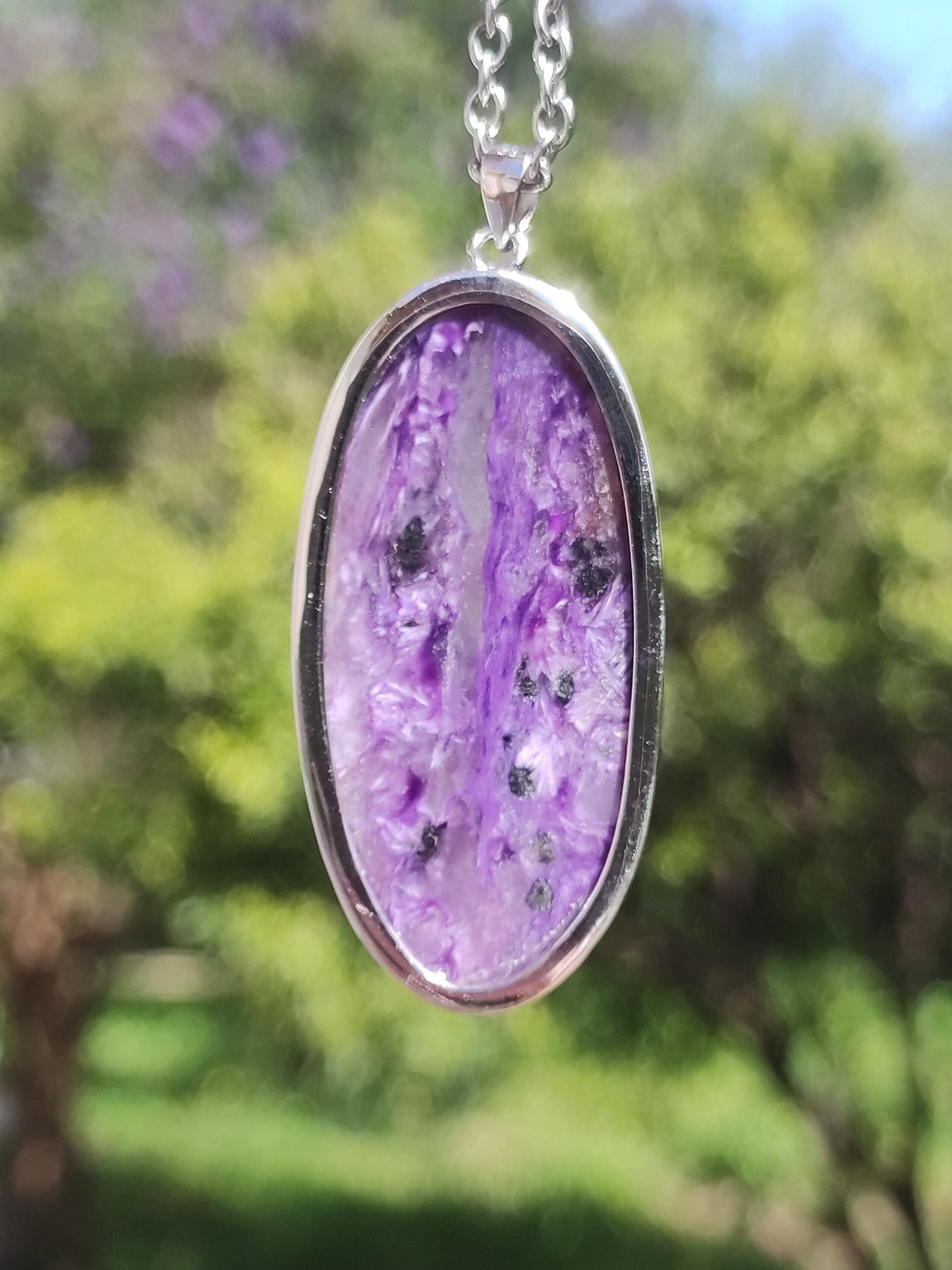 Charoïte AAA - Monture en argent 925 Chaîne pierre précieuse violet lilas Nature Pierre de guérison Énergie Rareté Homme Femme Lui Elle Amie Cadeau Qualité supérieure
