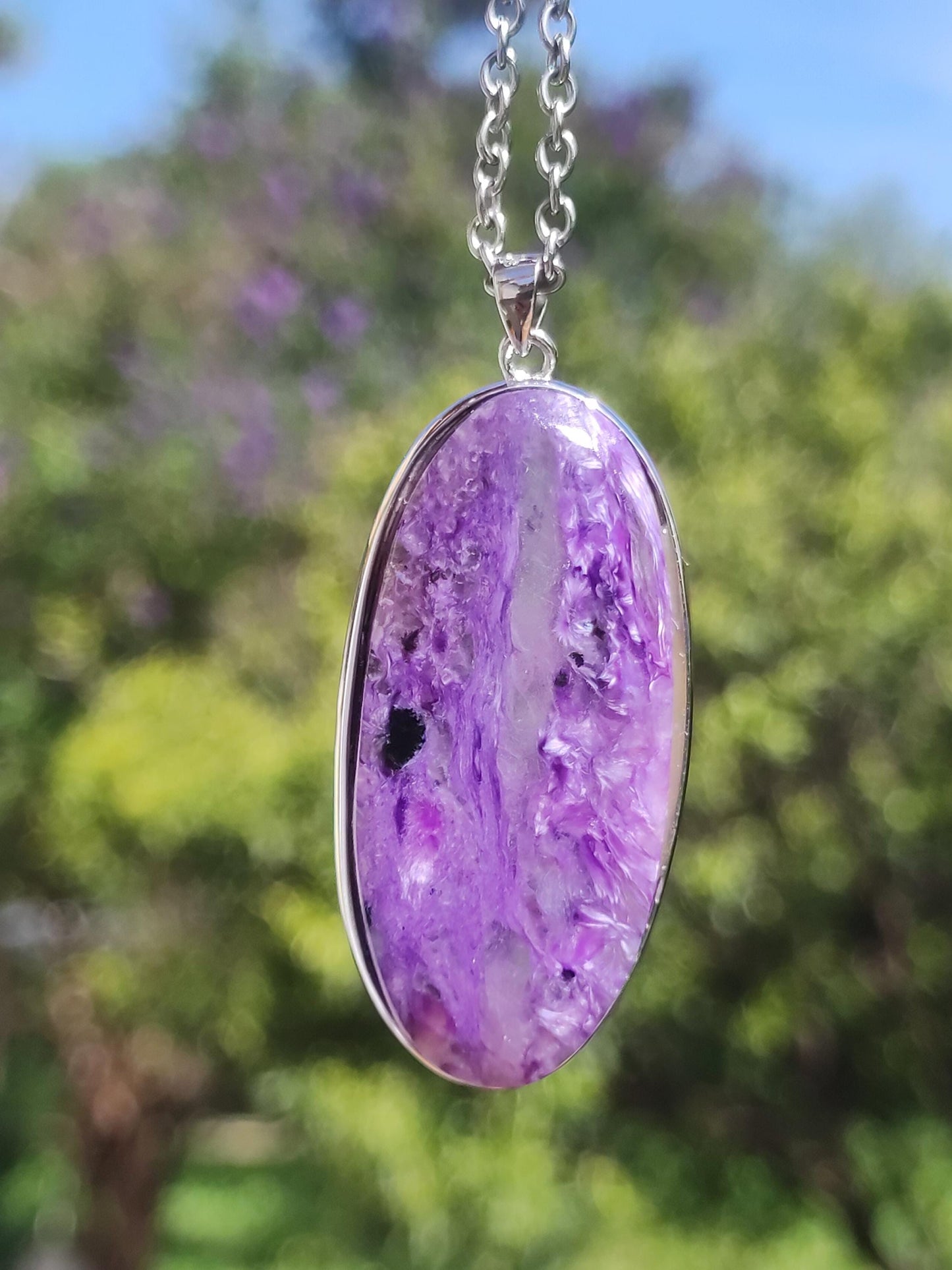 Charoïte AAA - Monture en argent 925 Chaîne pierre précieuse violet lilas Nature Pierre de guérison Énergie Rareté Homme Femme Lui Elle Amie Cadeau Qualité supérieure