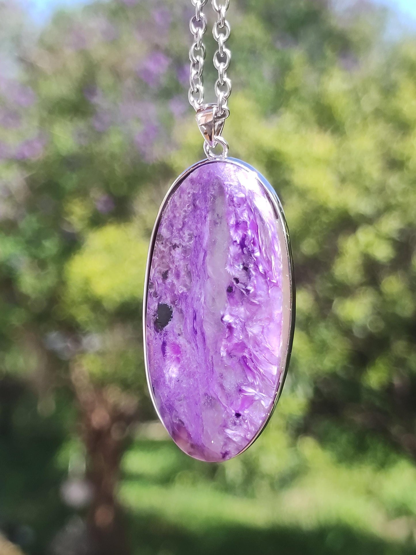 Charoïte AAA - Monture en argent 925 Chaîne pierre précieuse violet lilas Nature Pierre de guérison Énergie Rareté Homme Femme Lui Elle Amie Cadeau Qualité supérieure