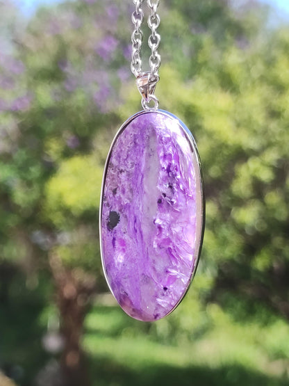 Charoïte AAA - Monture en argent 925 Chaîne pierre précieuse violet lilas Nature Pierre de guérison Énergie Rareté Homme Femme Lui Elle Amie Cadeau Qualité supérieure