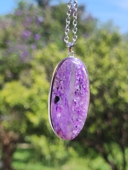Charoïte AAA - Monture en argent 925 Chaîne pierre précieuse violet lilas Nature Pierre de guérison Énergie Rareté Homme Femme Lui Elle Amie Cadeau Qualité supérieure