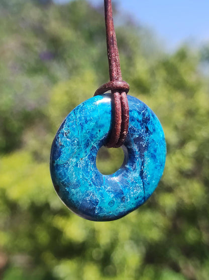 Shattuckite - Chrysocoll Donut 30mm Gemstone Necklace Healing Stone Protection Symbol Man Woman Happiness HIPPIE GOA Boho Tibet Ethnic Natural Rarity Gift