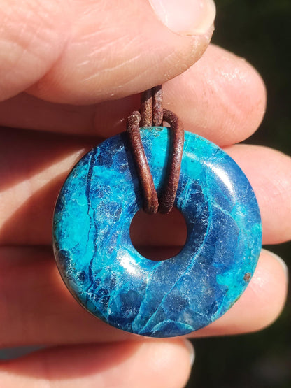 Shattuckite - Chrysocoll Donut 30mm Gemstone Necklace Healing Stone Protection Symbol Man Woman Happiness HIPPIE GOA Boho Tibet Ethnic Natural Rarity Gift