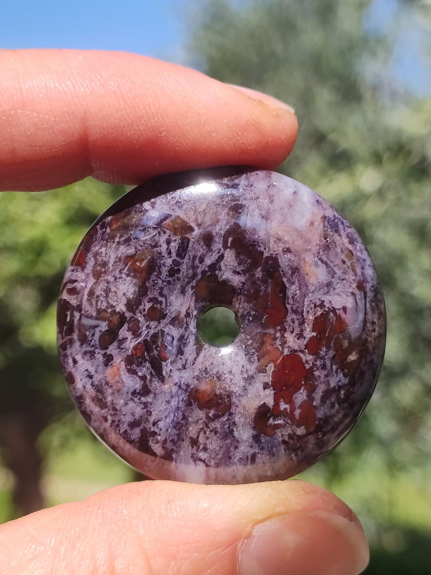 Sugilite, richterite, bustamite, pierre précieuse protectrice en forme de donut, cristal de guérison, objet de collection rare. Pendentif rond en sugilite rouge, bleue et violette, cadeau idéal.