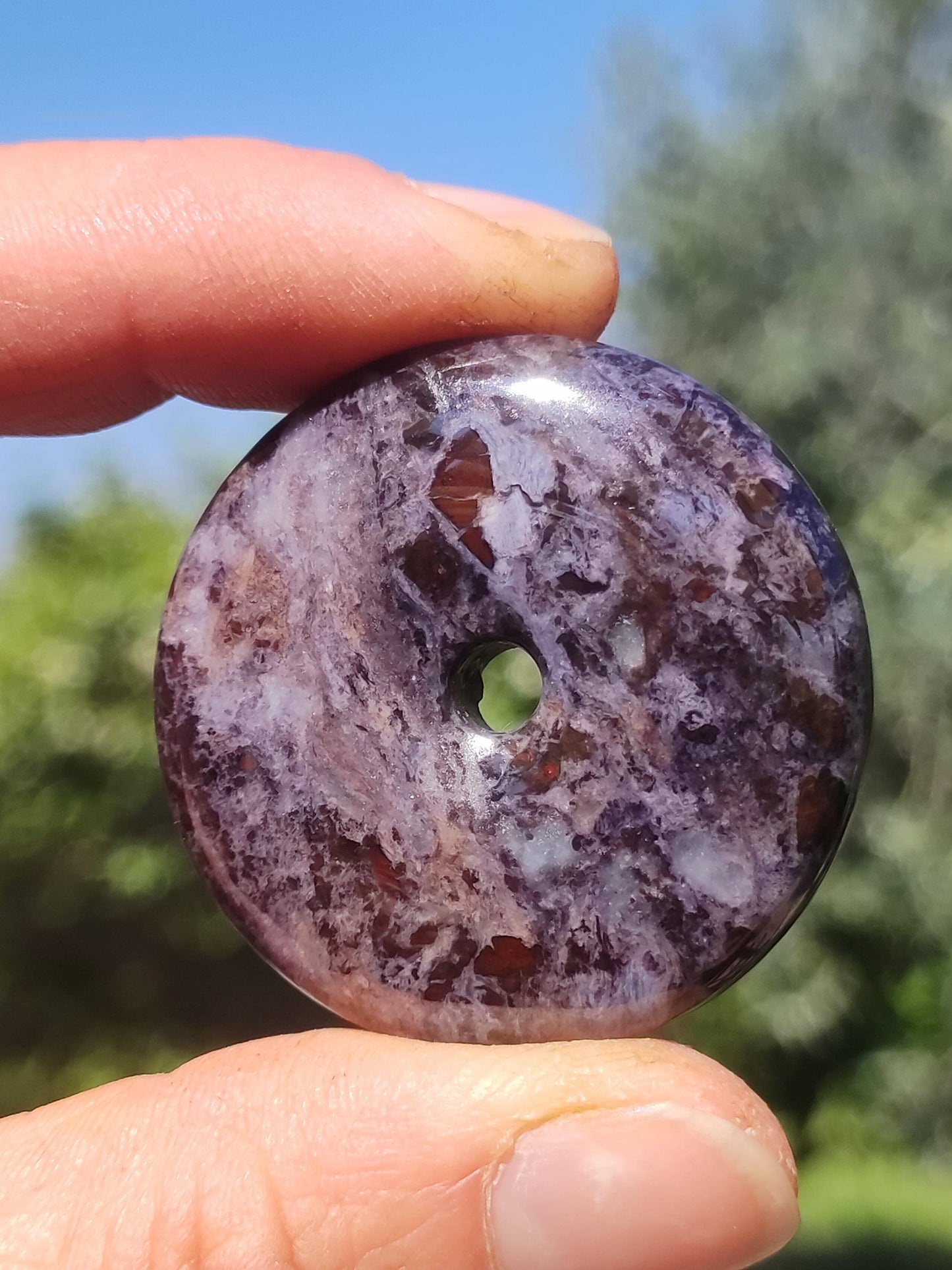 Sugilite, richterite, bustamite, pierre précieuse protectrice en forme de donut, cristal de guérison, objet de collection rare. Pendentif rond en sugilite rouge, bleue et violette, cadeau idéal.