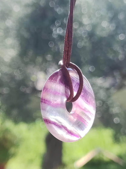 Rainbow Fluorite 30mm Donut - Gemstone Necklace for Women, Men, and Children - Hippie, Goa, Boho, Ethnic, Nature, Protection Symbol Pendant, Healing Stone, Energy Gift