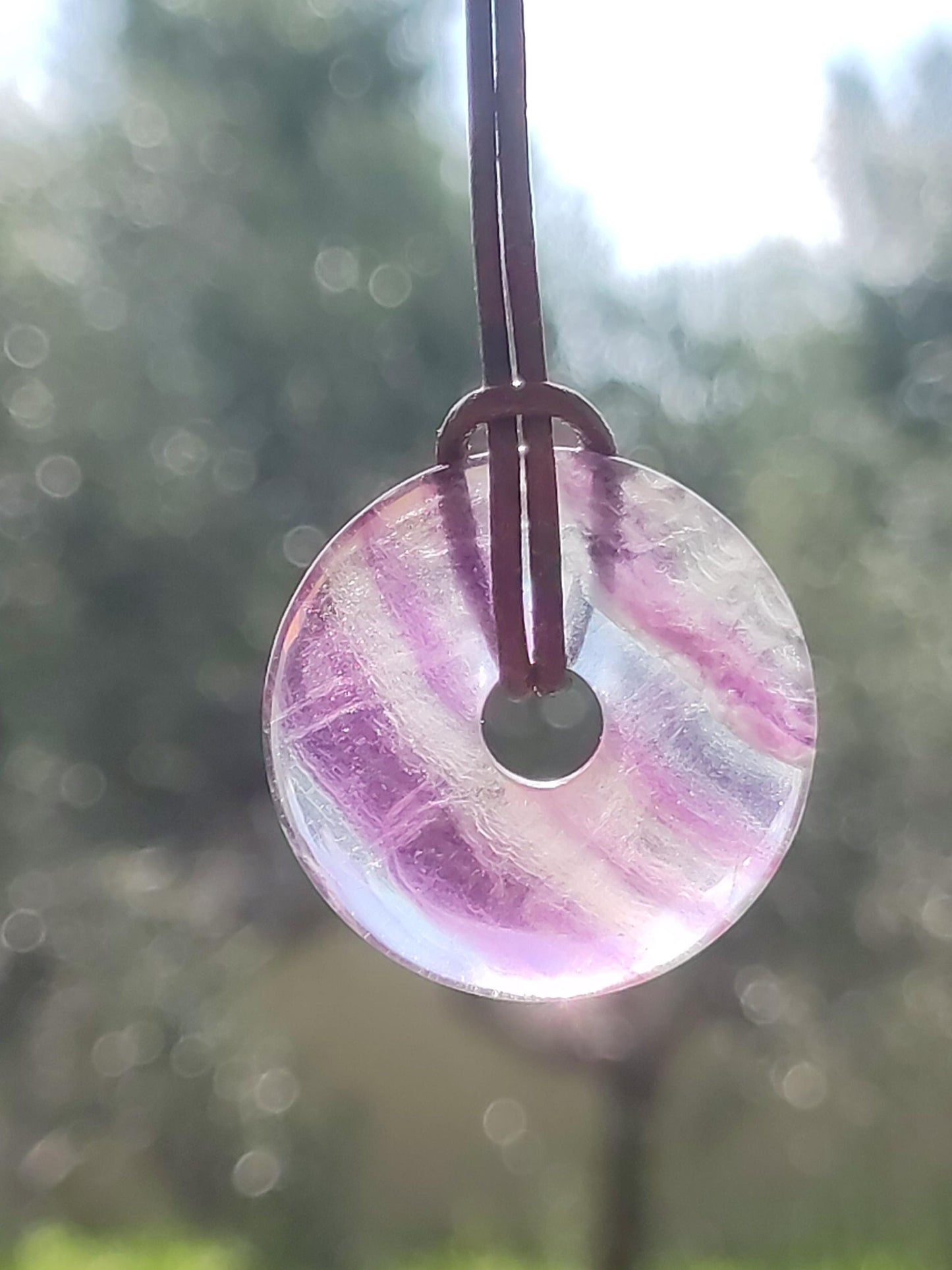 Rainbow Fluorite 30mm Donut - Gemstone Necklace for Women, Men, and Children - Hippie, Goa, Boho, Ethnic, Nature, Protection Symbol Pendant, Healing Stone, Energy Gift
