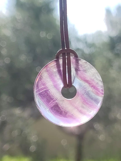 Rainbow Fluorite 30mm Donut - Gemstone Necklace for Women, Men, and Children - Hippie, Goa, Boho, Ethnic, Nature, Protection Symbol Pendant, Healing Stone, Energy Gift
