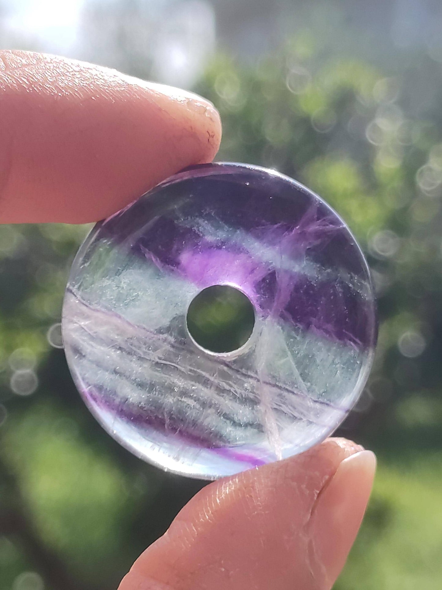 Rainbow Fluorite 30mm Donut - Gemstone Necklace for Women, Men, and Children - Hippie, Goa, Boho, Ethnic, Nature, Protection Symbol Pendant, Healing Stone, Energy Gift
