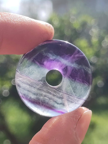 Rainbow Fluorite 30mm Donut - Gemstone Necklace for Women, Men, and Children - Hippie, Goa, Boho, Ethnic, Nature, Protection Symbol Pendant, Healing Stone, Energy Gift