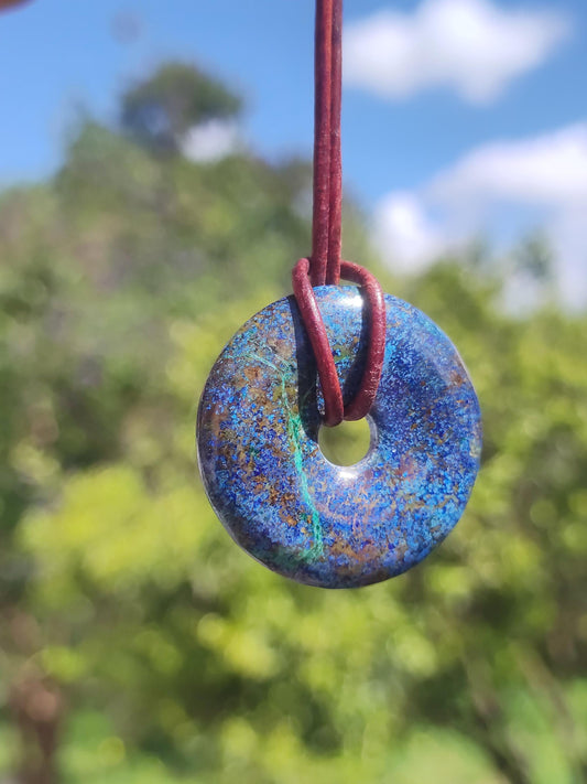 Azurit - Malachit - Chrysocoll blau grün ~ Edelstein Kette HIPPIE GOA Boho Tibet Ethno Nature Donut Schutzsymbol Heilstein Sammler Mann Frau