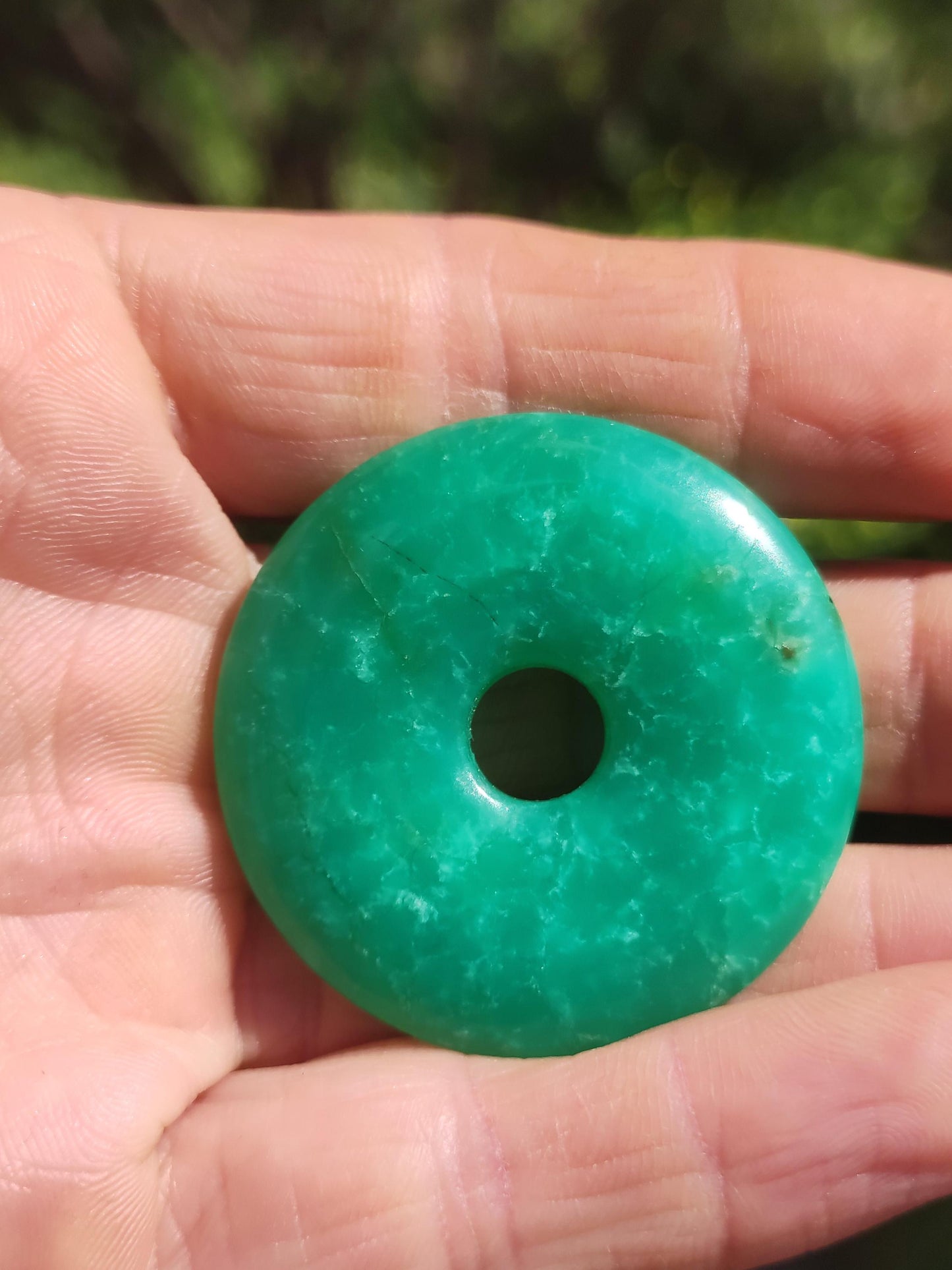 Chrysoprase Gemstone Donut Necklace Green Natural GOA Boho Hippie Ethnic Protection Symbol Healing Stone Collector Unique Man Woman He She Gift Pendant