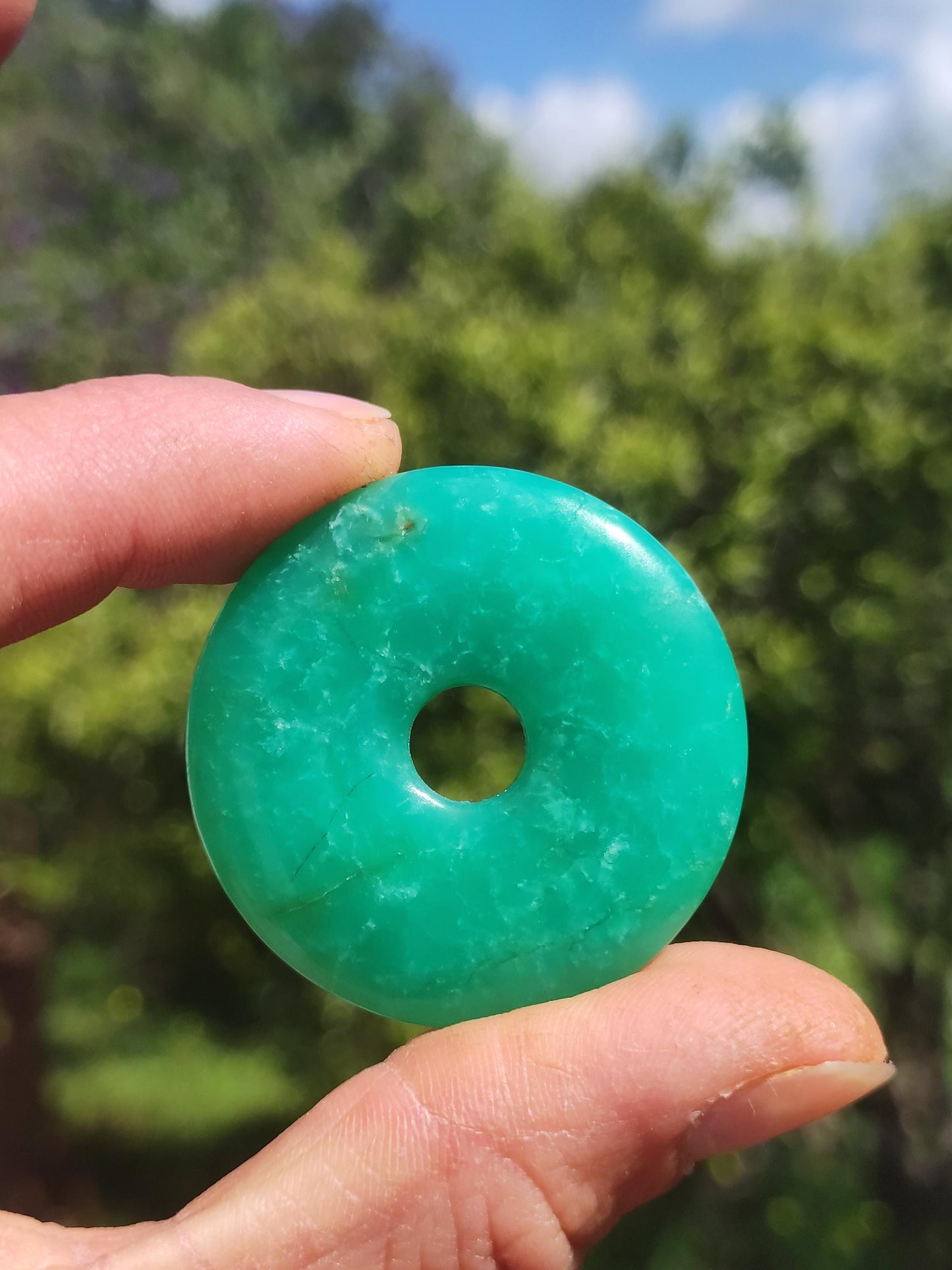 Chrysoprase Gemstone Donut Necklace Green Natural GOA Boho Hippie Ethnic Protection Symbol Healing Stone Collector Unique Man Woman He She Gift Pendant