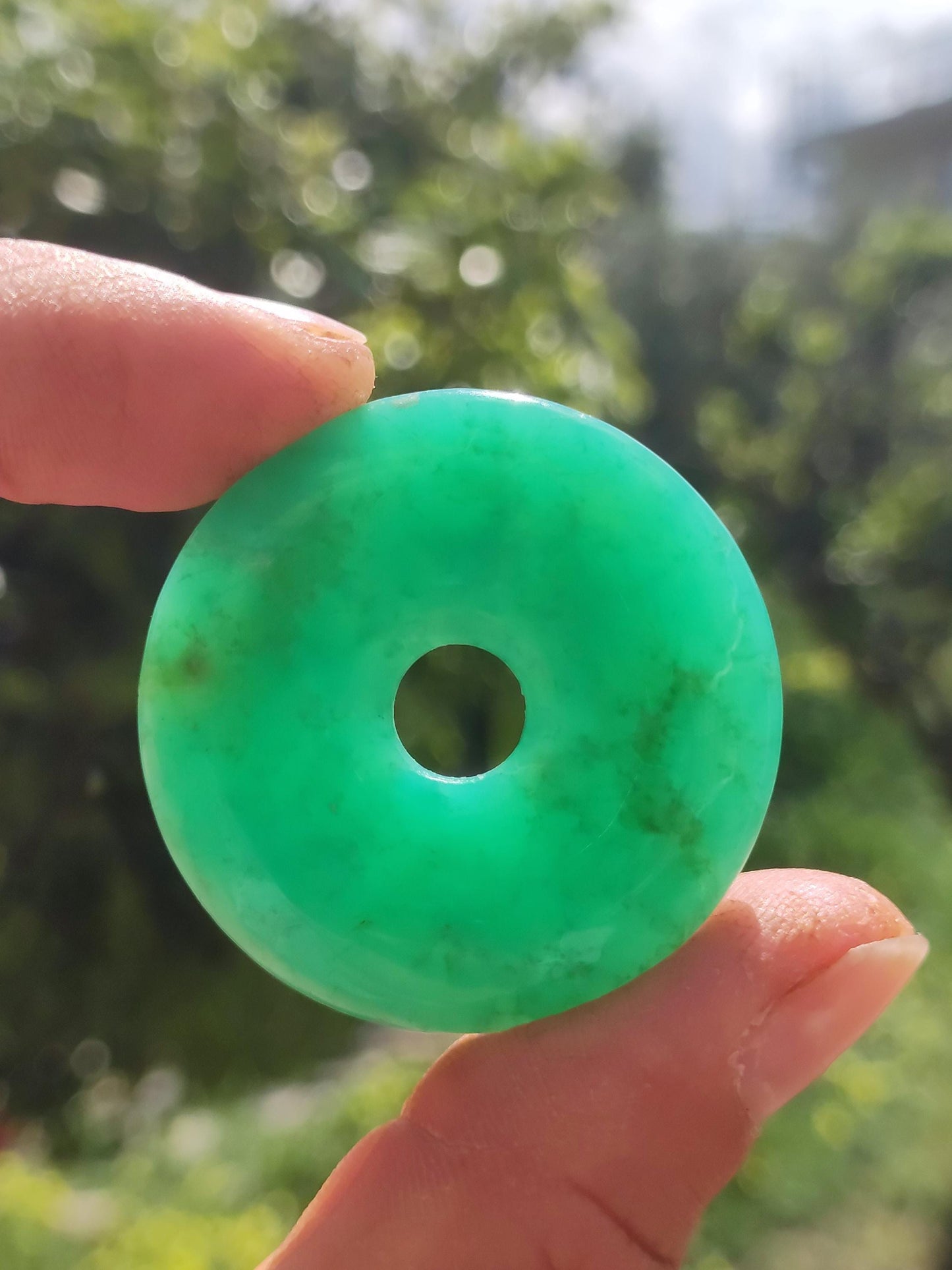 Chrysoprase Gemstone Donut Necklace Green Natural GOA Boho Hippie Ethnic Protection Symbol Healing Stone Collector Unique Man Woman He She Gift Pendant