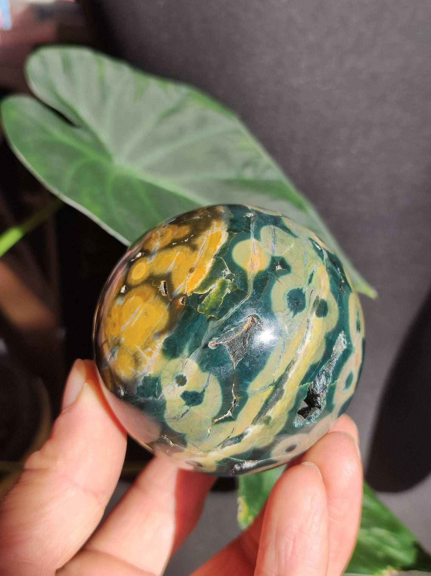 Jaspe océanique vert orbiculaire à 8 veines - Sphère de pierre précieuse rare, pierre de guérison naturelle, cristal décoratif, cadeau pour lui, elle, homme, femme, maison, énergie, rare