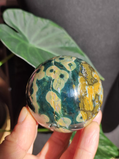 Jaspe océanique vert orbiculaire à 8 veines - Sphère de pierre précieuse rare, pierre de guérison naturelle, cristal décoratif, cadeau pour lui, elle, homme, femme, maison, énergie, rare