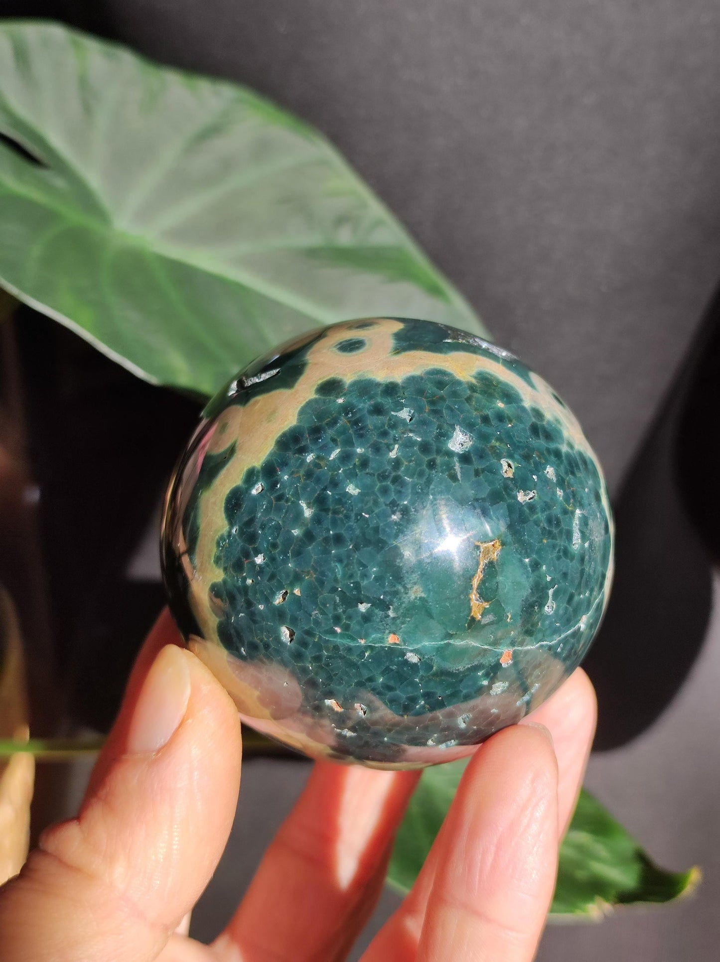 Jaspe océanique vert orbiculaire à 8 veines - Sphère de pierre précieuse rare, pierre de guérison naturelle, cristal décoratif, cadeau pour lui, elle, homme, femme, maison, énergie, rare