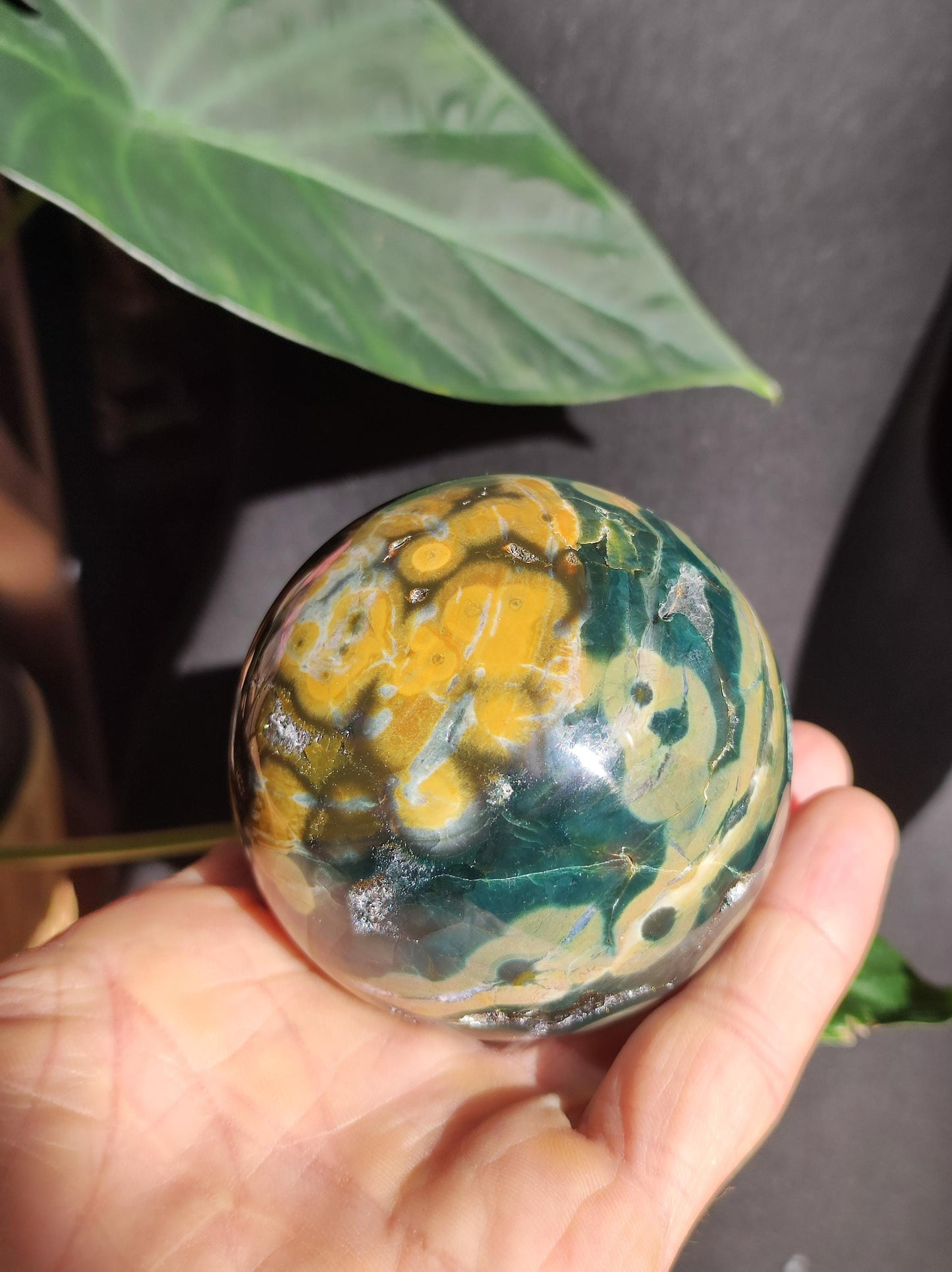 Jaspe océanique vert orbiculaire à 8 veines - Sphère de pierre précieuse rare, pierre de guérison naturelle, cristal décoratif, cadeau pour lui, elle, homme, femme, maison, énergie, rare
