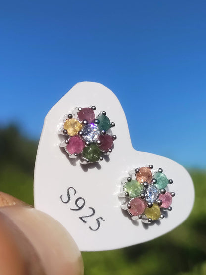 Boucles d'oreilles clous tourmaline multicolore fleur argent massif 925 rareté AAA bijoux femme boucles d'oreilles pierre précieuse pierre de guérison cadeau bijoux précieux rare