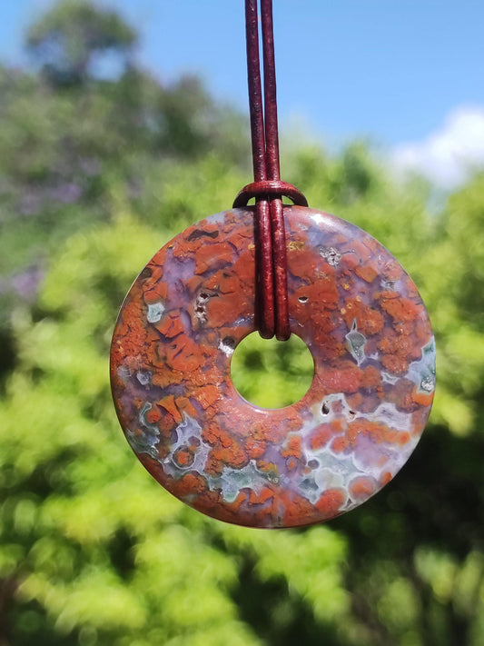 Ocean Jasper colorful ~ Gemstone Necklace Donut 40mm Ocean Natural Healing Stone Rarity Crystals Jewelry Pendant Gift Him Her Woman Man Rarity