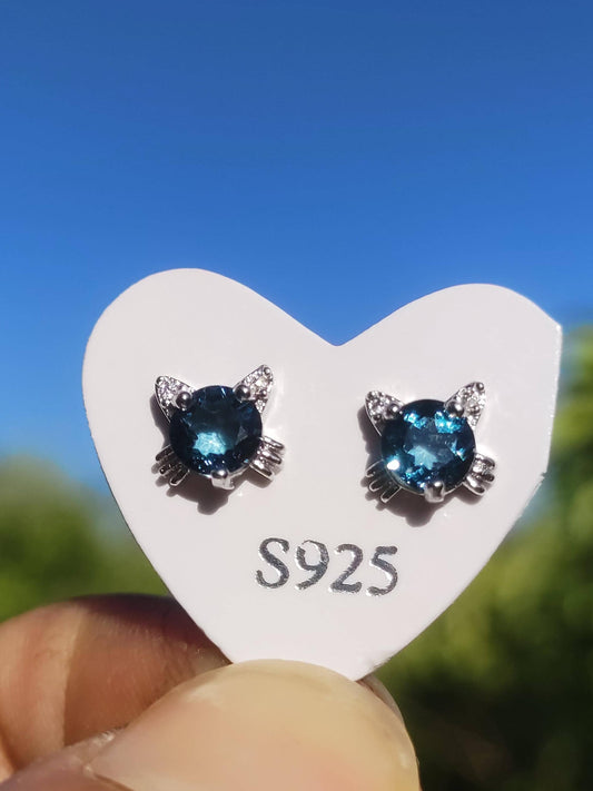 Topaz Dark Blue Stud Earrings Cat 925 Sterling Silver AAA Rarity Jewelry Woman Earrings Gemstone Healing Stone Gift Jewelry Precious