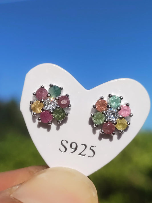 bunte Turmalin Ohrstecker Blume 925 Sterling Silber AAA Rarität Schmuck Frau Ohrringe Edelstein Heilstein Geschenk Schmuck Edel Selten