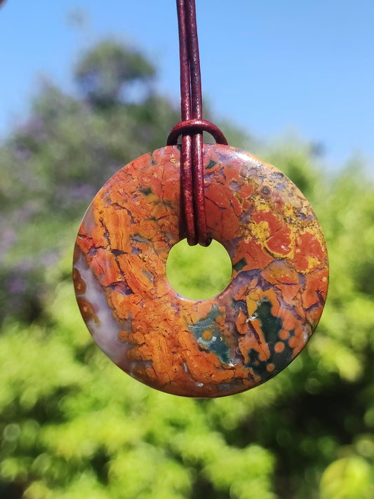 Jaspe océanique multicolore ~ Collier en pierre précieuse Donut 40mm Océan Pierre naturelle Pierre de guérison Rareté Bijoux en cristal Pendentif Cadeau Elle Lui Femme Homme Rareté