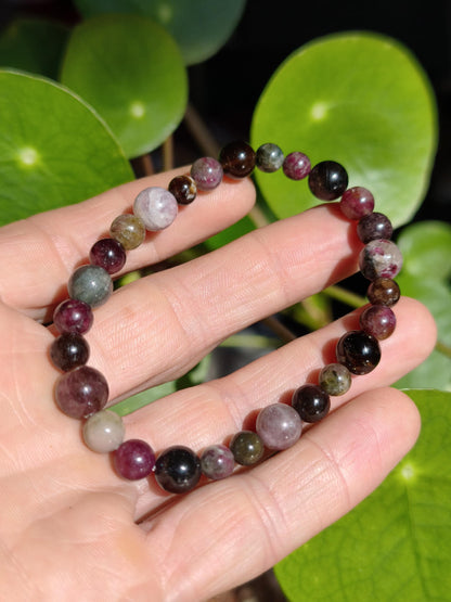 Tourmaline multicolore - Bracelet en pierres précieuses rouge rose vert GOA Hippie Boho Pierre de guérison naturelle Cadeau Lui Elle Homme Femme Ami Énergie Force