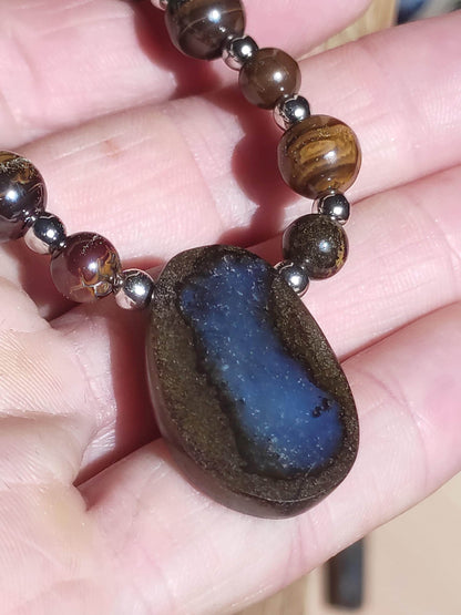 Boulder Opal - Designer Gemstone Beaded Necklace Meditation Prayer Necklace Mantra Boho Healing Stone Chakra Crystal Rarity Rare