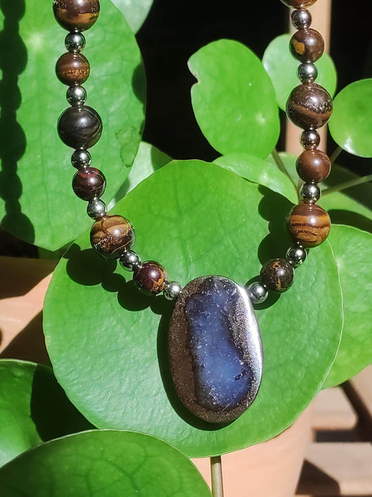 Boulder Opal - Designer Edelstein Perlen Kette Meditation Gebetskette Mantra Boho Heilstein Chakra Kristall Rarität Selten