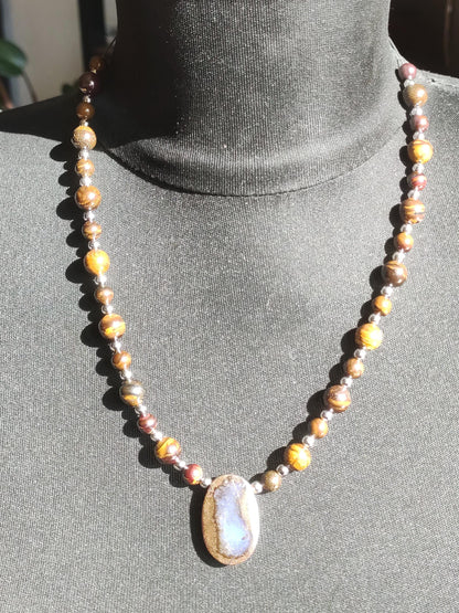 Boulder Opal - Designer Gemstone Beaded Necklace Meditation Prayer Necklace Mantra Boho Healing Stone Chakra Crystal Rarity Rare