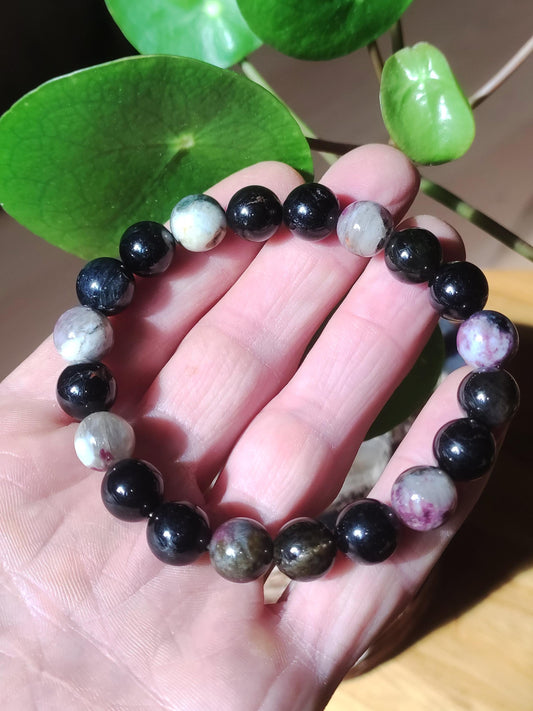 Bracelet en tourmaline multicolore 10 mm - Pierres précieuses rouge rose vert GOA Hippie Boho Nature Pierre de guérison Cadeau Lui Elle Homme Femme Ami Énergie Force
