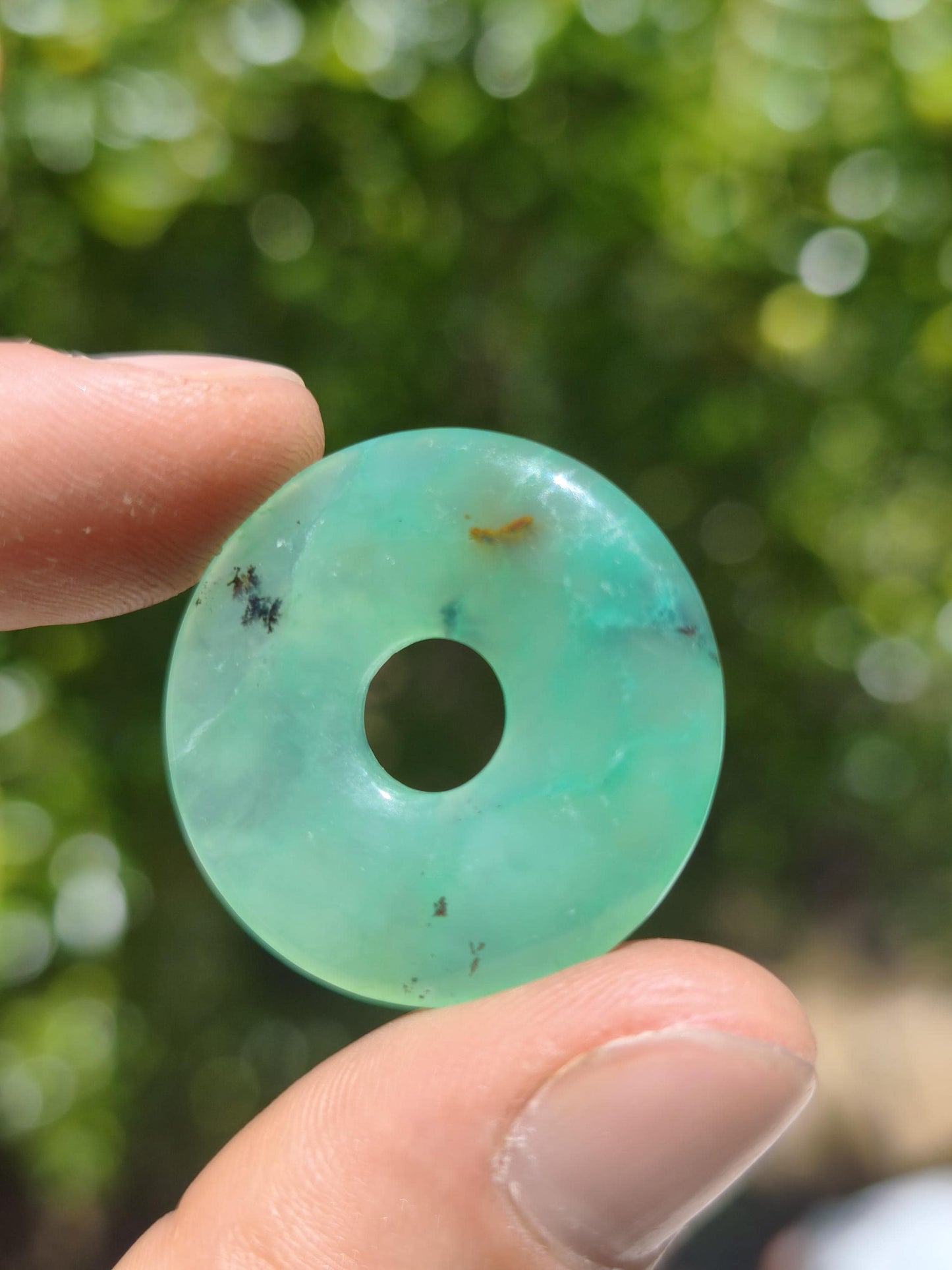 Chrysoprase Edelstein Donut Kette grün Natur GOA Boho Hippie Ethno Schutzsymbol Heilstein Sammler Unikat Mann Frau Er Sie Geschenk Anhänger