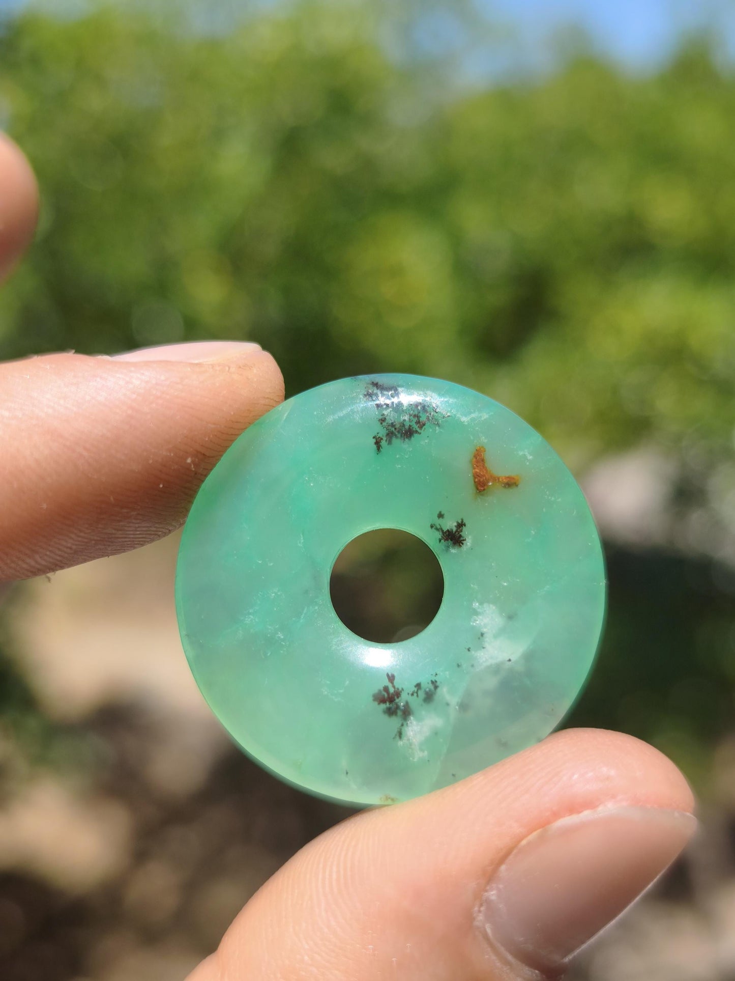 Chrysoprase Edelstein Donut Kette grün Natur GOA Boho Hippie Ethno Schutzsymbol Heilstein Sammler Unikat Mann Frau Er Sie Geschenk Anhänger