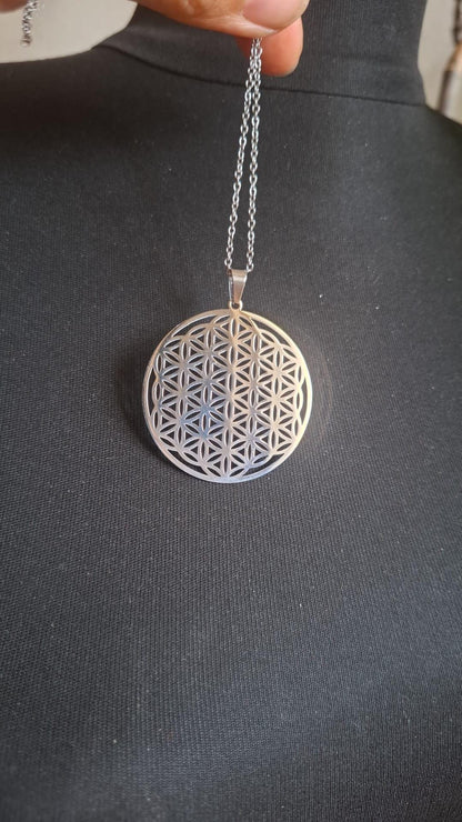 Flower of Life - Flower Seed of Life Mandala Flower Necklace HIPPIE GOA Boho Tibet Ethno Nature Fibonacci Stainless Steel Necklace Silver Filigree Sweet